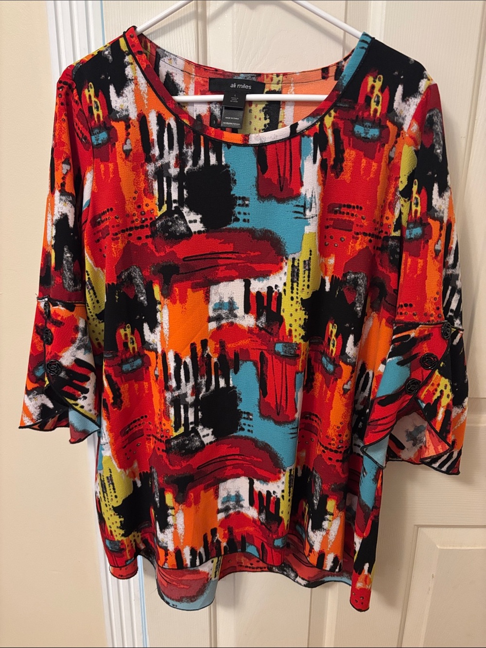 Ali Miles Red Multi Abstract-Print Scoop Neck Tunic